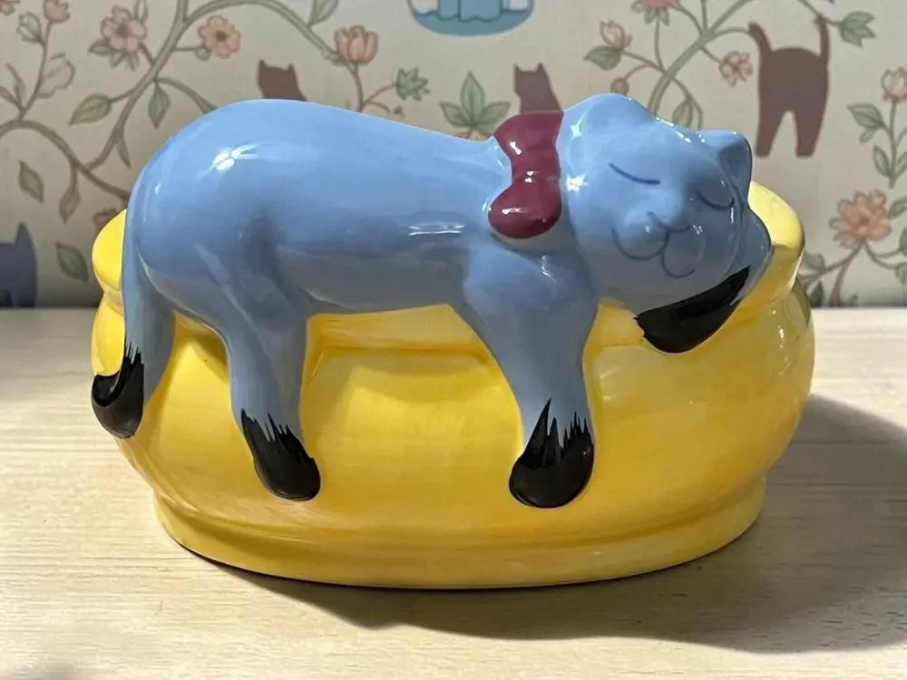 Vintage Sleeping Gray Black Cat Bow Ceramic Trinket Dish Planter Yellow Bowl